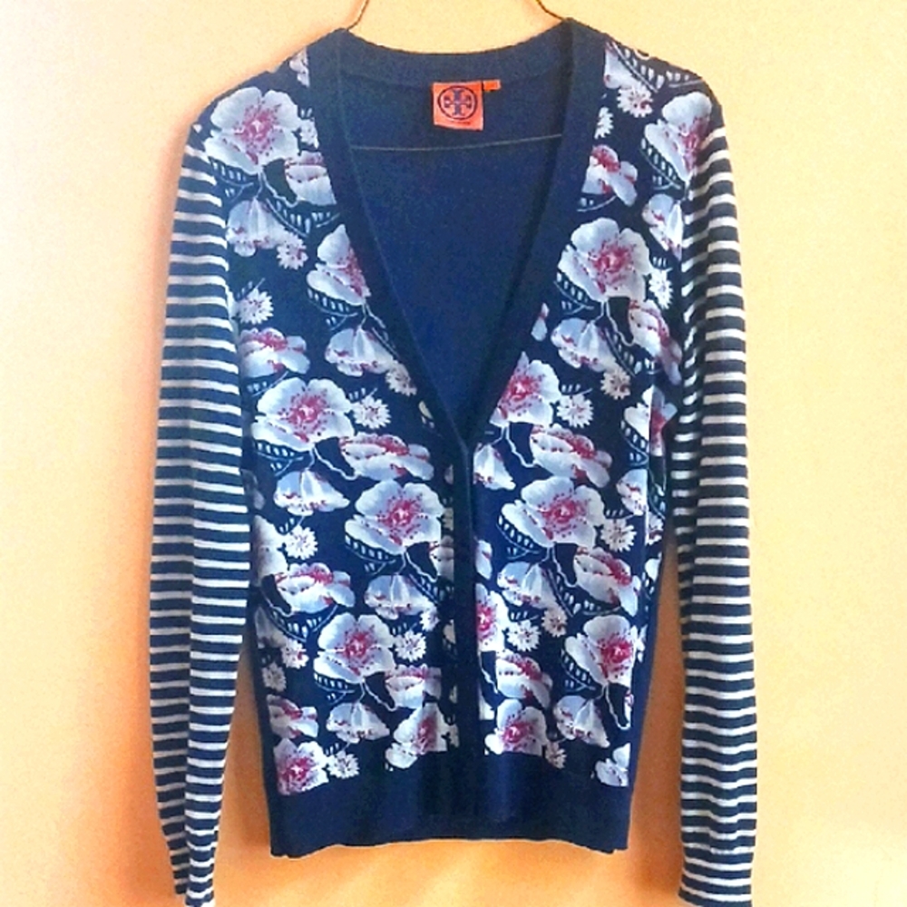 Tory Burch Navy Floral Stripe Cardigan